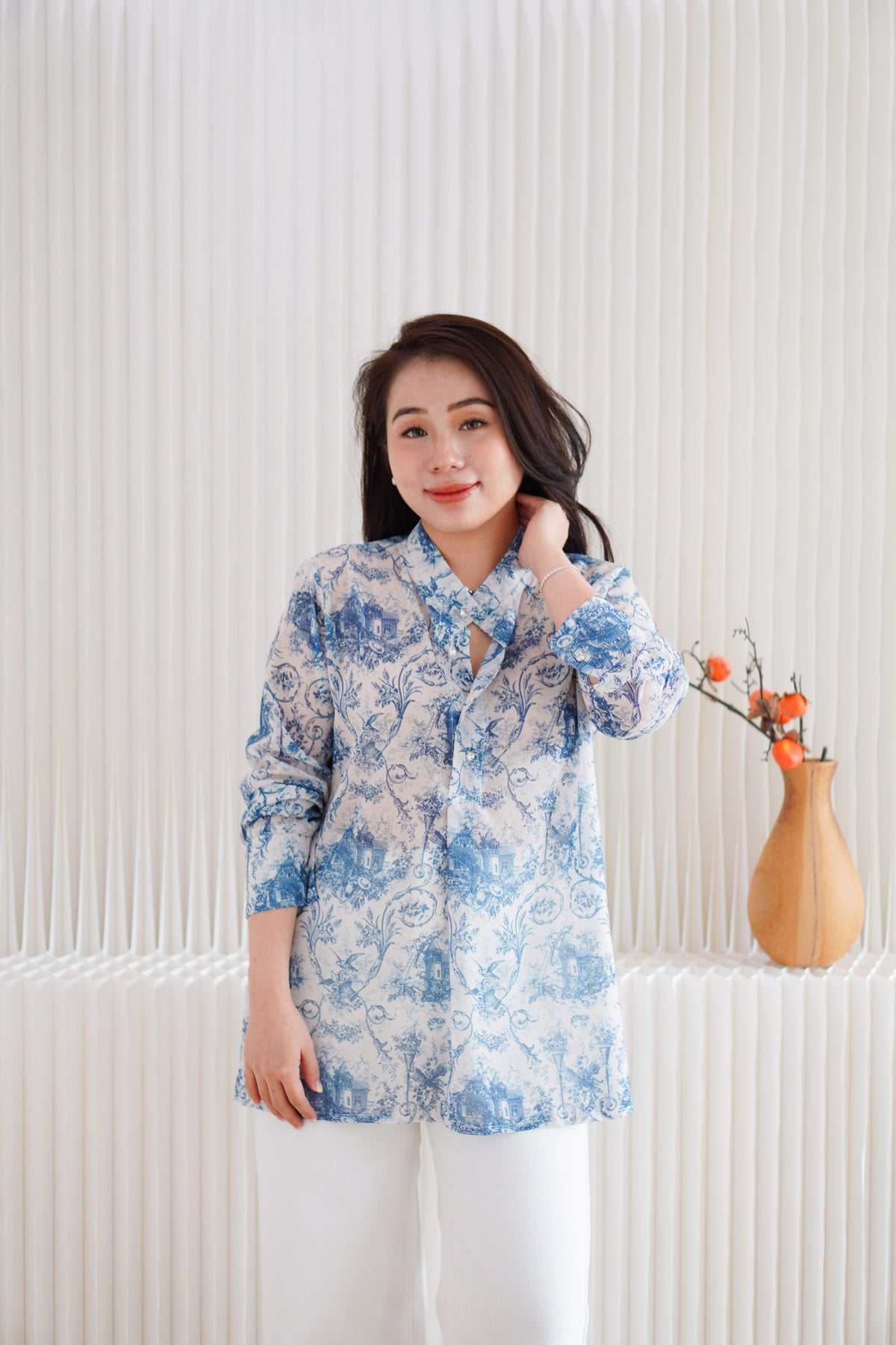 Primelle Floral Button Down Blouse Top in Blue