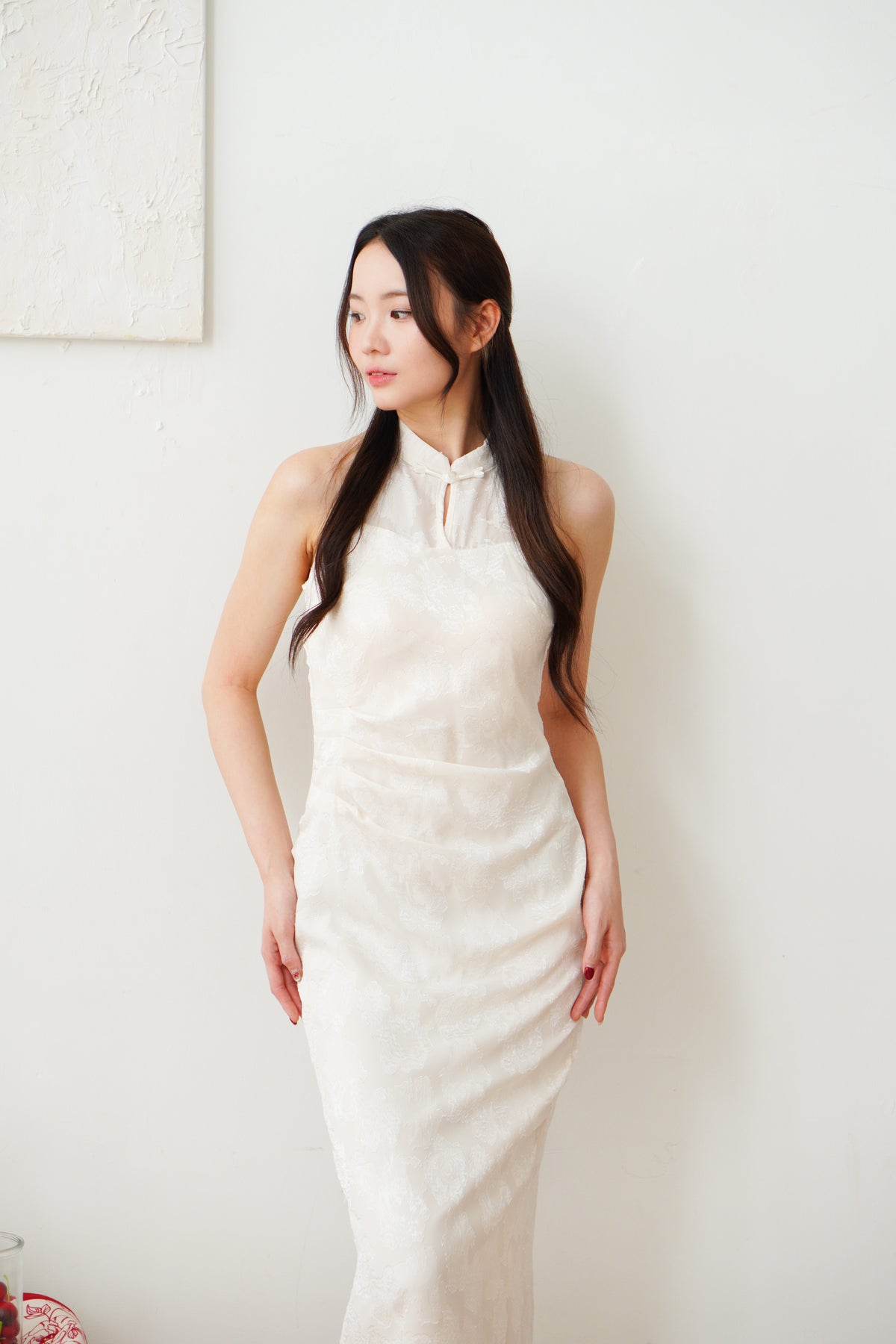 Yue Xi Halter Neck Ruched Waist Maxi Cheongsam in Cream