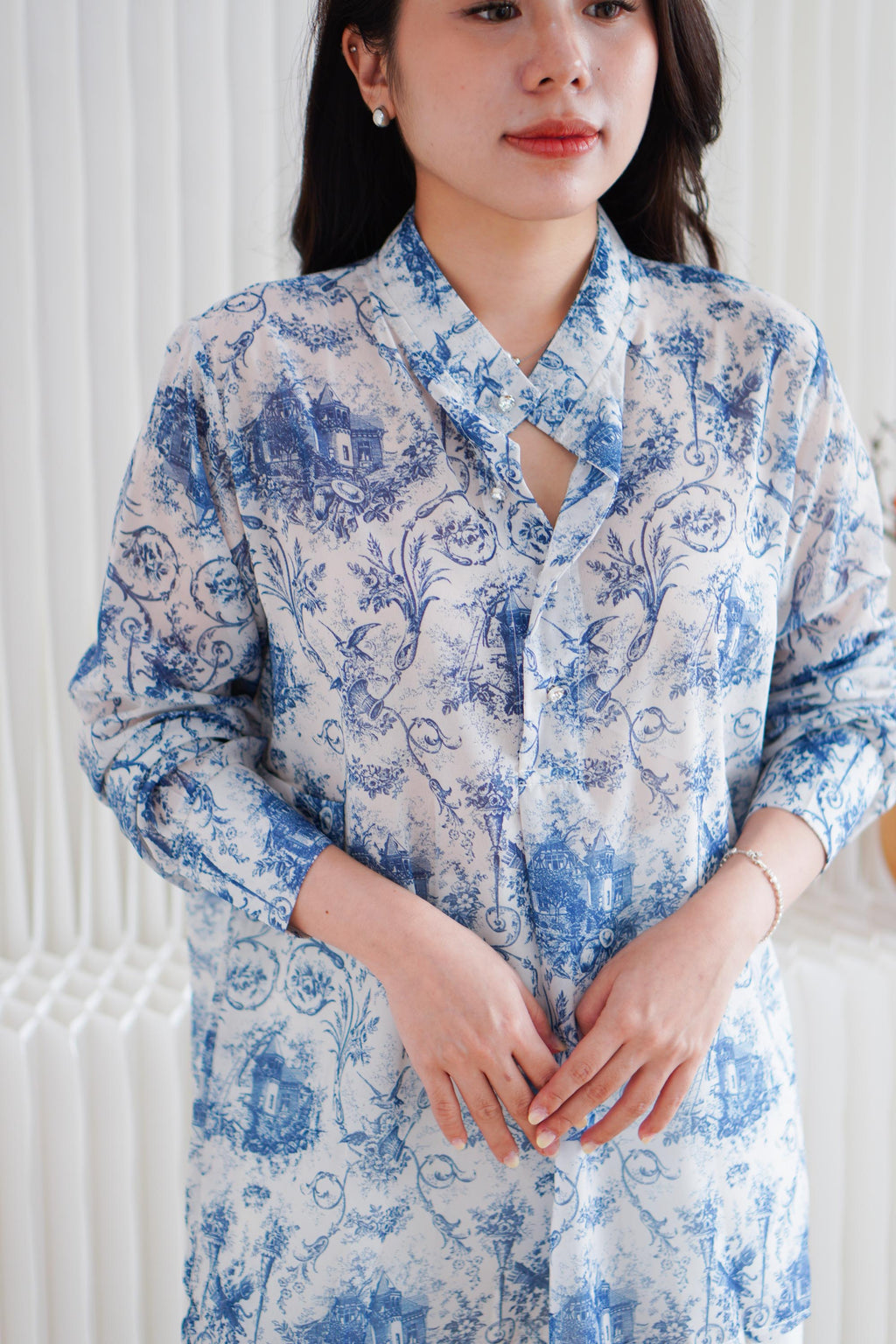Primelle Floral Button Down Blouse Top in Blue