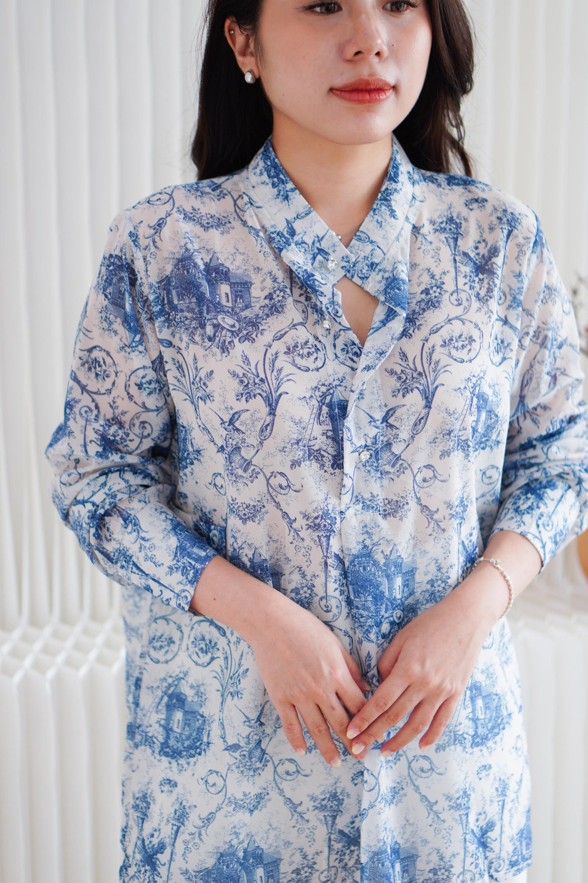 Primelle Floral Button Down Blouse Top in Blue