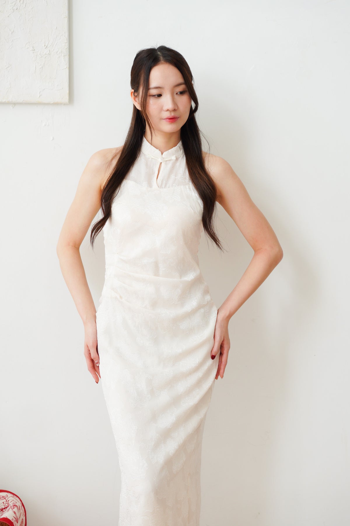 Yue Xi Halter Neck Ruched Waist Maxi Cheongsam in Cream
