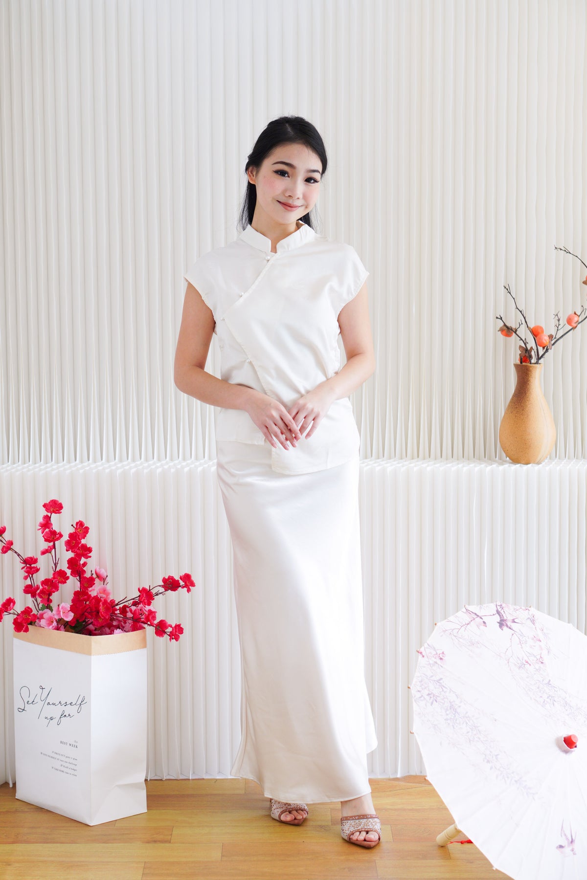 Elira Maxi A-line Satin Skirt in Champagne Cream