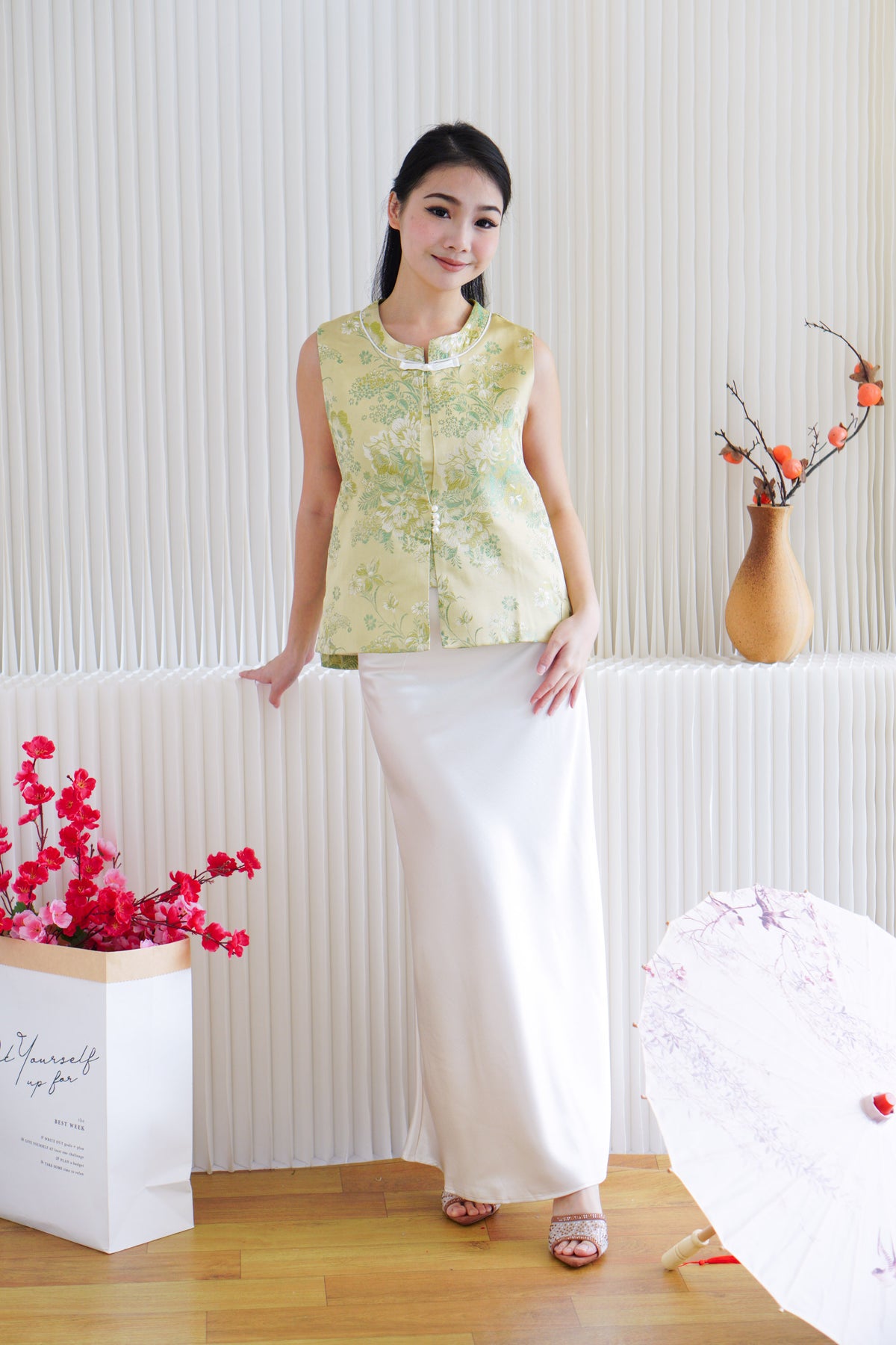 Elira Maxi A-line Satin Skirt in Champagne Cream