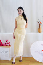 Si Yuan Lace Ruched Bodycon Cheongsam in Light Yellow