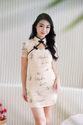Ming Zhu Bamboo Printed Ruched Bodycon Mini Cheongsam in Cream