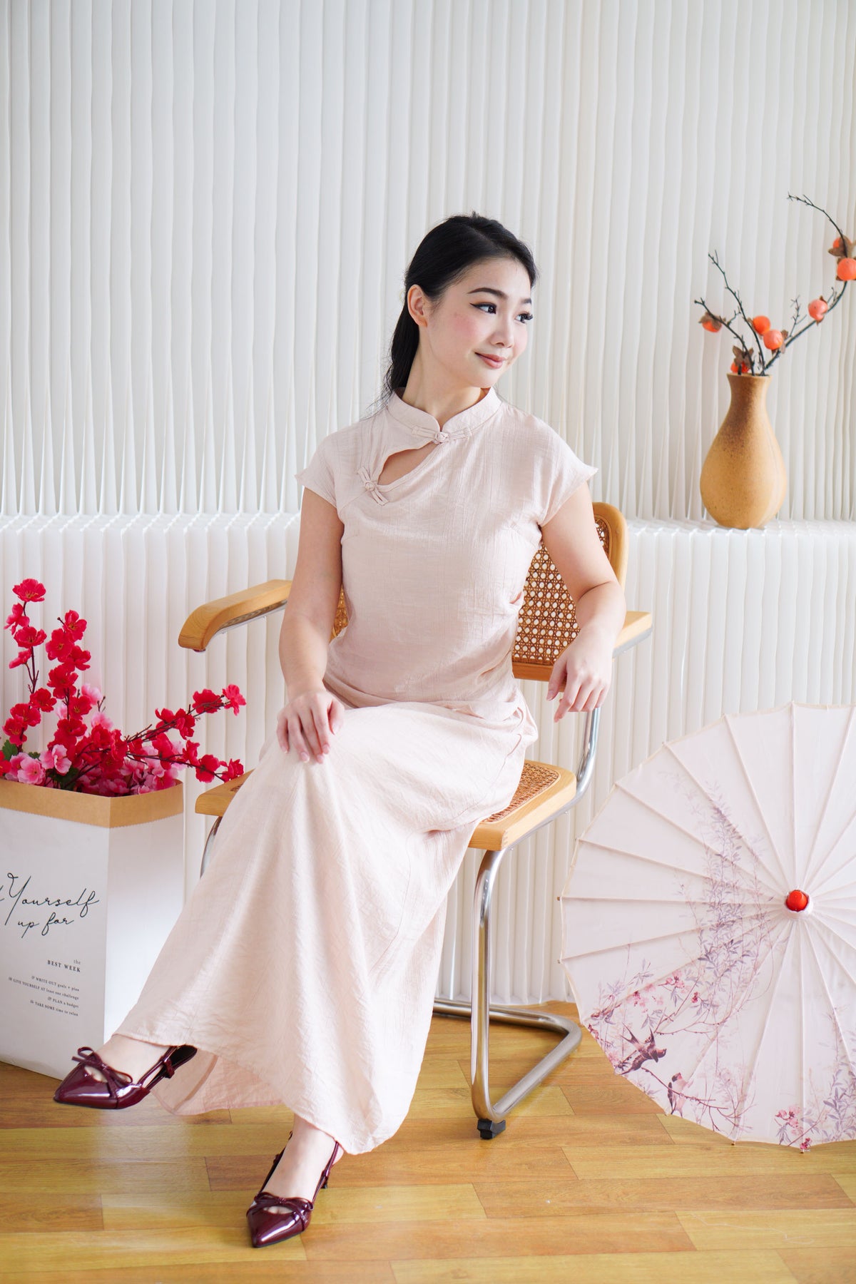 Zhi Yu Plain Cheongsam 2 Piece Skirt Set in Light Pink