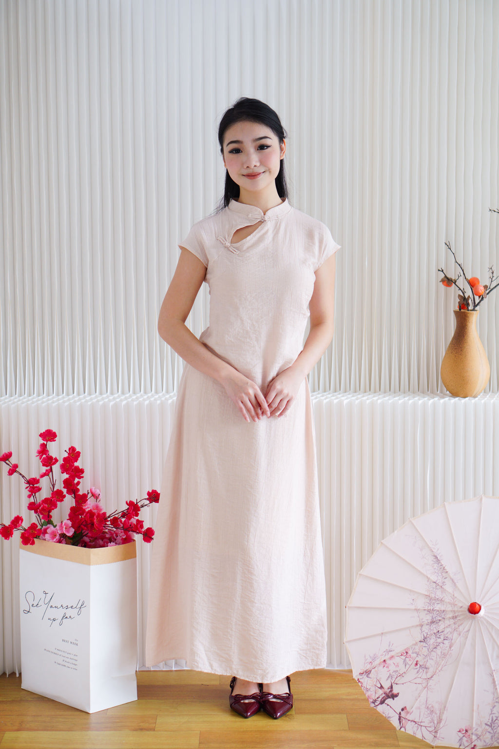 Zhi Yu Plain Cheongsam 2 Piece Skirt Set in Light Pink