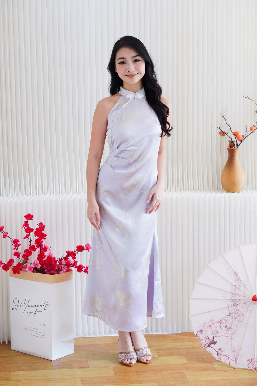 Zi Ru Halter Neck Satin Cheongsam with Pearls in Light Purple