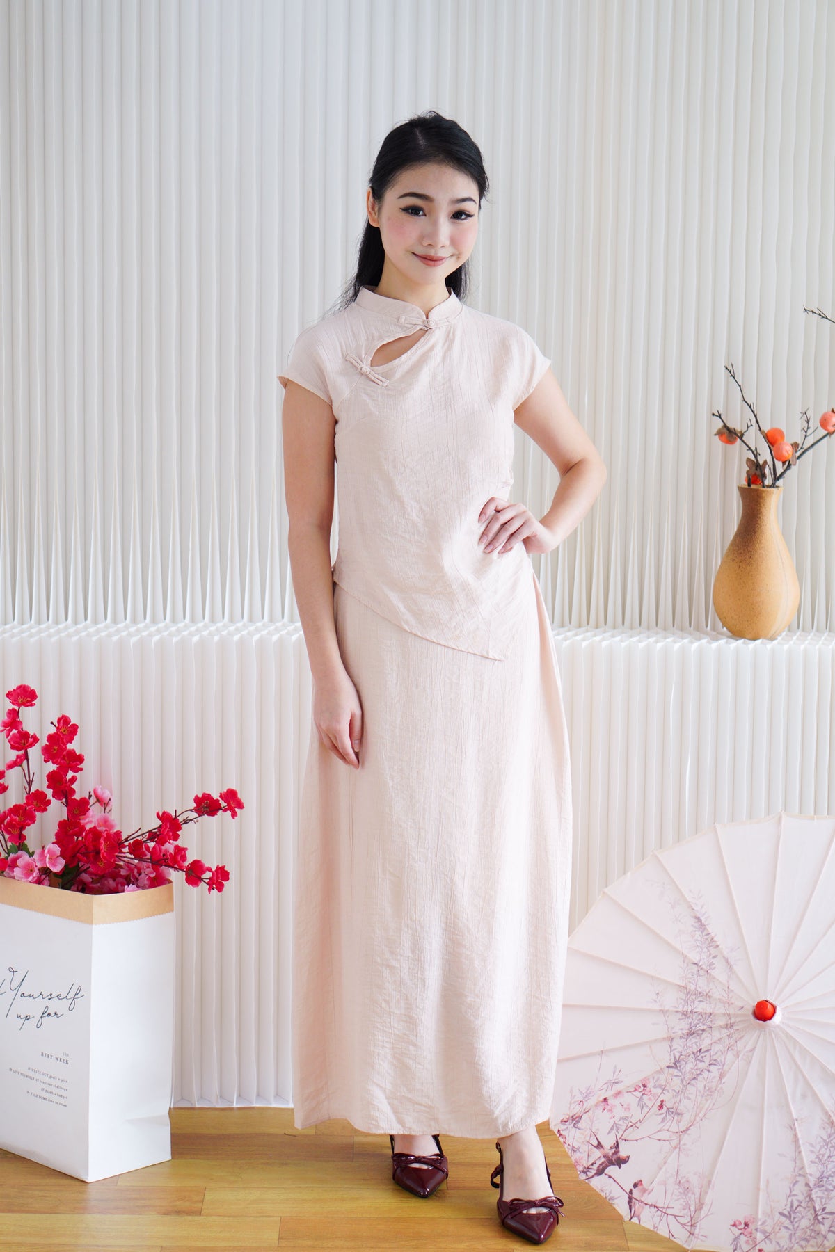 Zhi Yu Plain Cheongsam 2 Piece Skirt Set in Light Pink