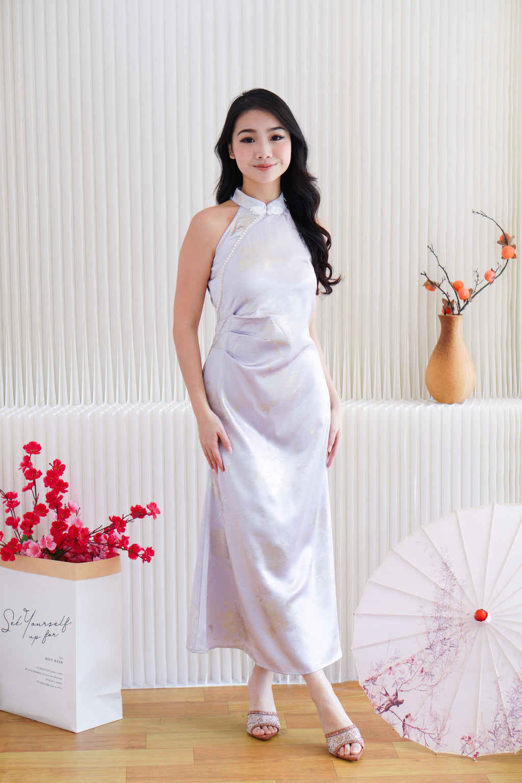 Zi Ru Halter Neck Satin Cheongsam with Pearls in Light Purple