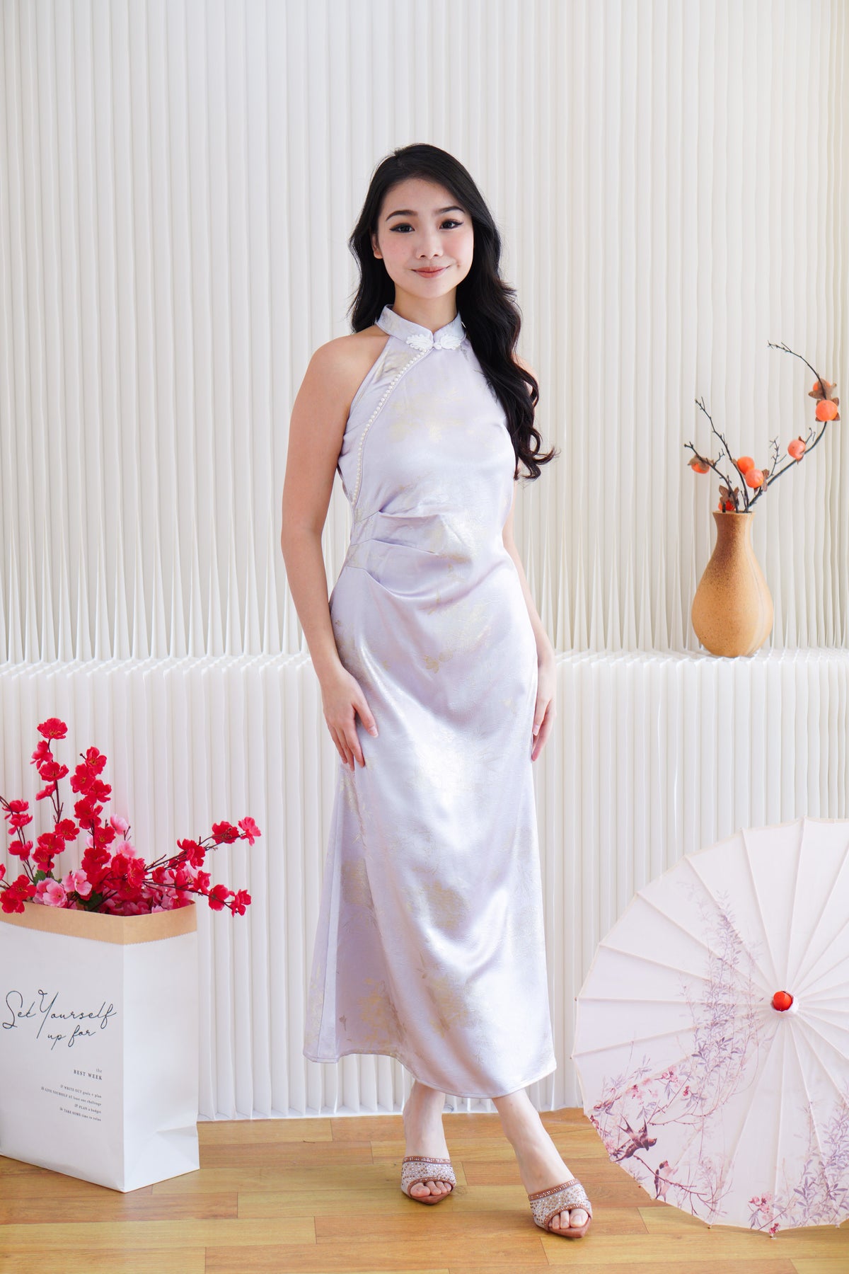 Zi Ru Halter Neck Satin Cheongsam with Pearls in Light Purple