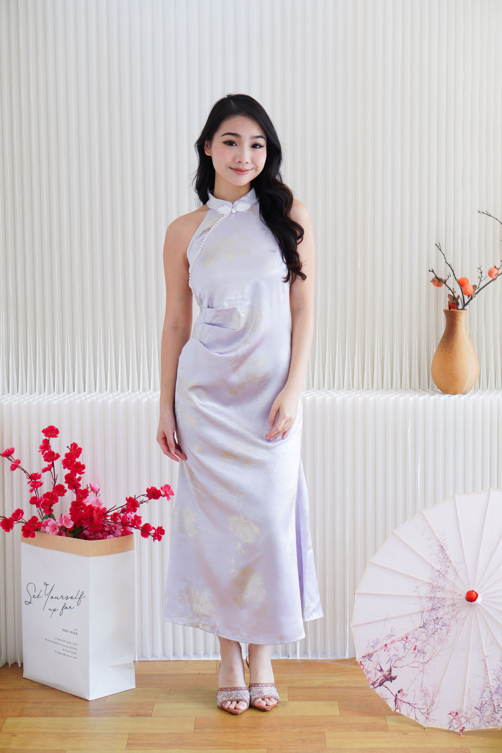 Zi Ru Halter Neck Satin Cheongsam with Pearls in Light Purple