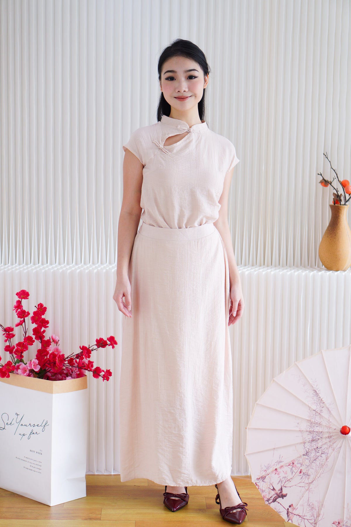 Zhi Yu Plain Cheongsam 2 Piece Skirt Set in Light Pink