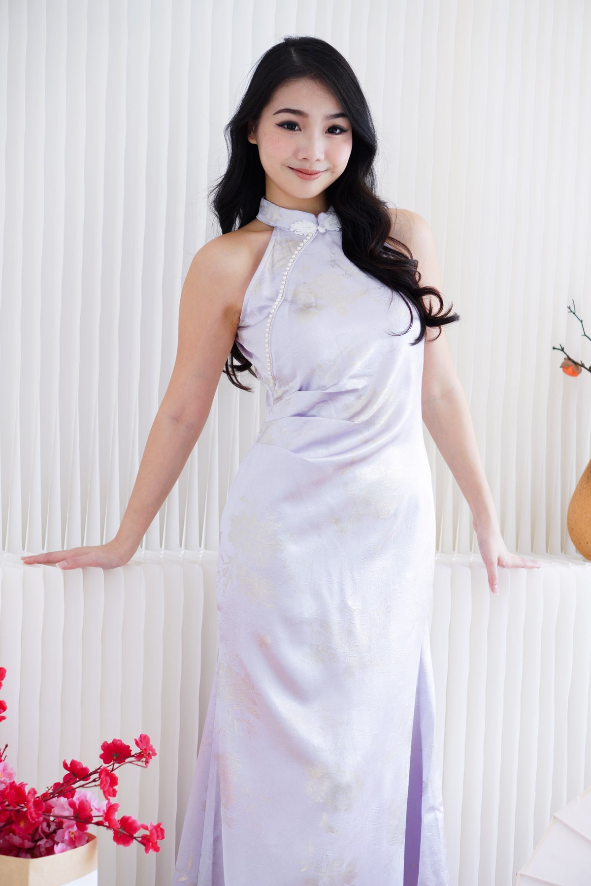 Zi Ru Halter Neck Satin Cheongsam with Pearls in Light Purple