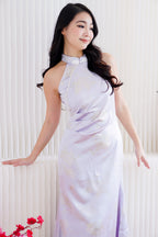 Zi Ru Halter Neck Satin Cheongsam with Pearls in Light Purple