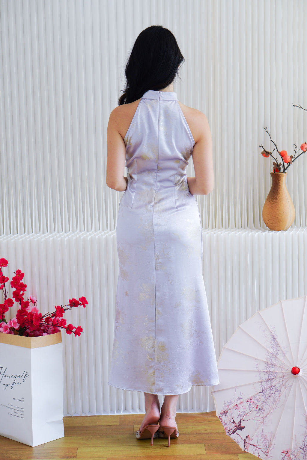 Zi Ru Halter Neck Satin Cheongsam with Pearls in Light Purple