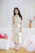 Ruo Fei Bamboo Printed Bodycon Cheongsam with Pearls in Cream & Green