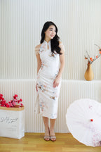Yu An Halter Neck Floral Bodycon Cheongsam in White with Mesh Sleeves