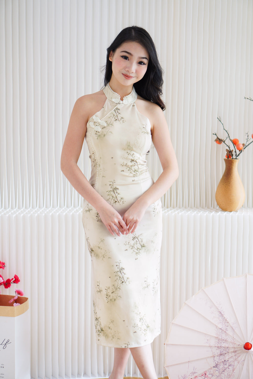 Ruo Fei Bamboo Printed Bodycon Cheongsam with Pearls in Cream & Green
