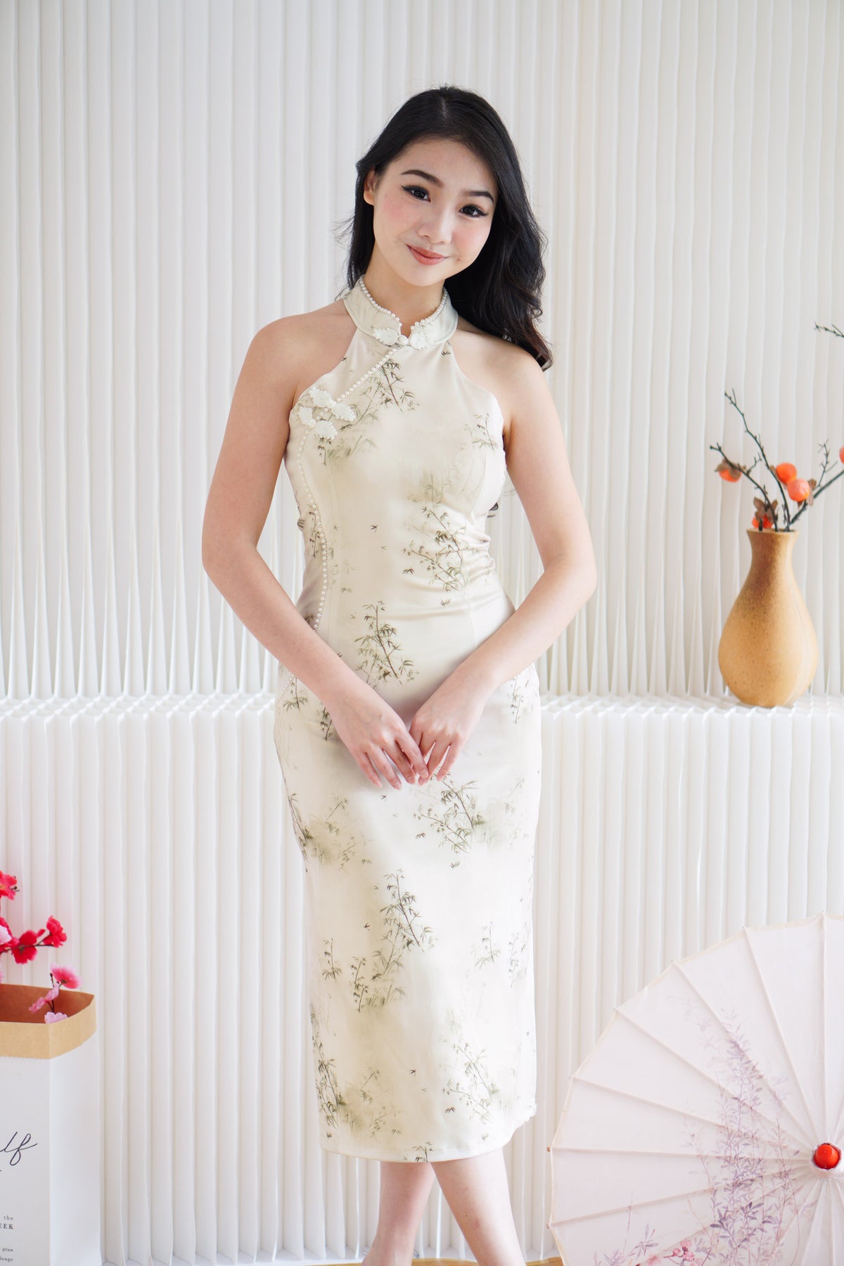 Ruo Fei Bamboo Printed Bodycon Cheongsam with Pearls in Cream & Green