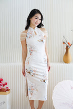 Yu An Halter Neck Floral Bodycon Cheongsam in White with Mesh Sleeves
