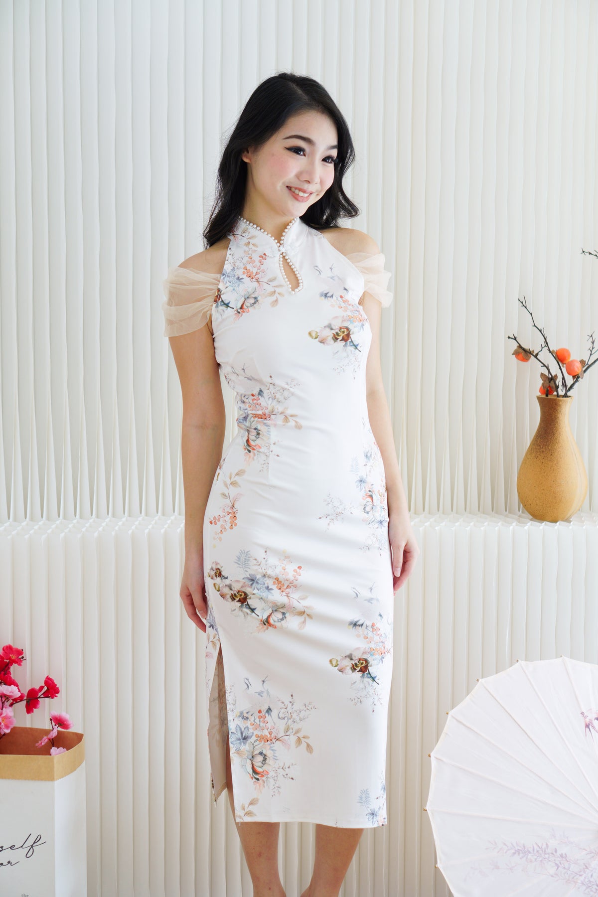Yu An Halter Neck Floral Bodycon Cheongsam in White with Mesh Sleeves