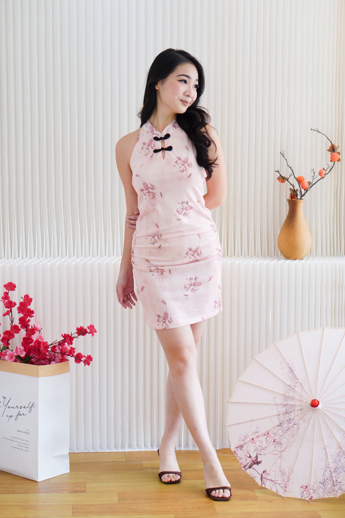 Ru Tong Floral Mesh Mini Cheongsam in Light Pink