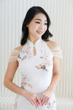 Yu An Halter Neck Floral Bodycon Cheongsam in White with Mesh Sleeves
