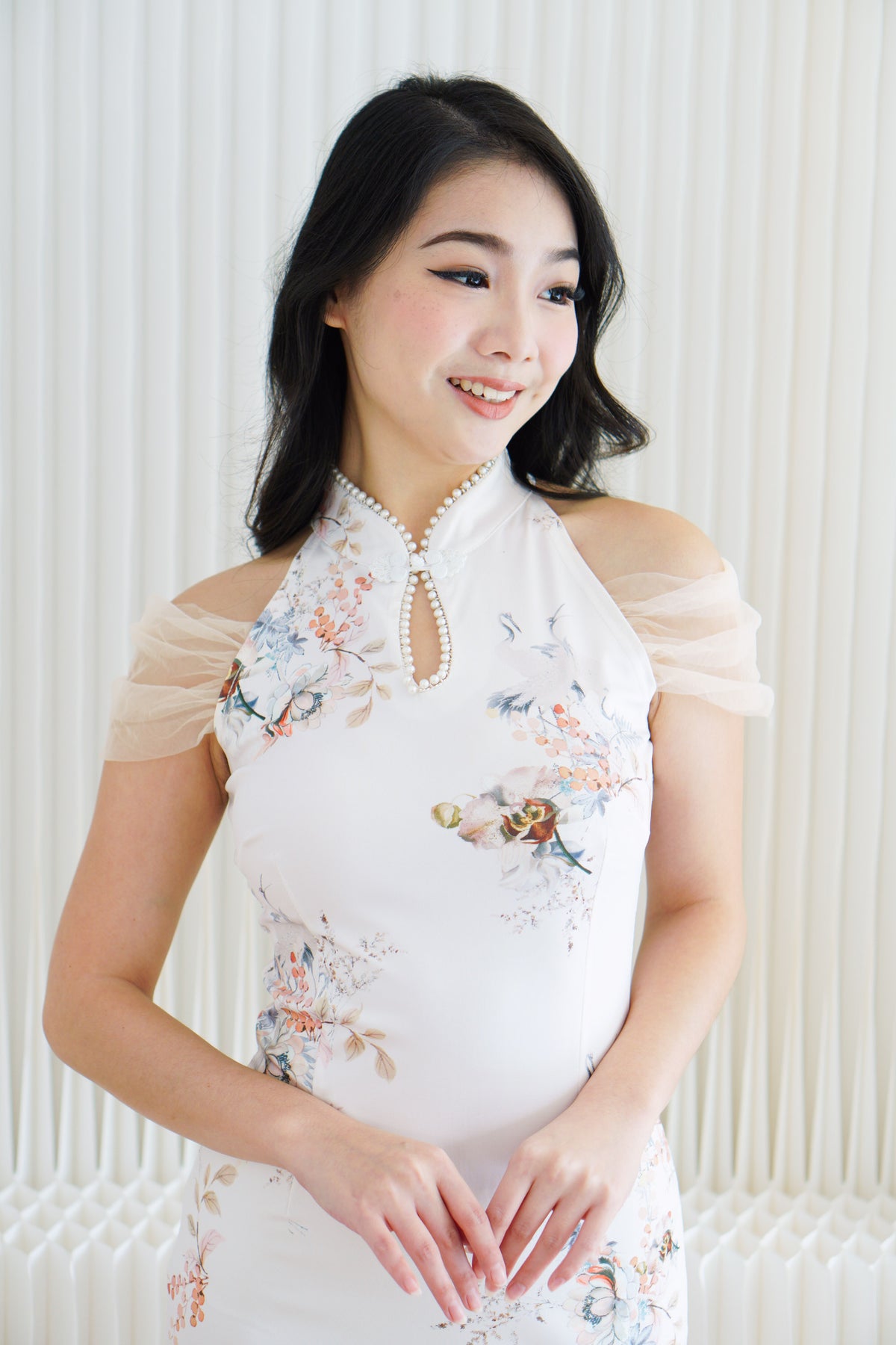 Yu An Halter Neck Floral Bodycon Cheongsam in White with Mesh Sleeves