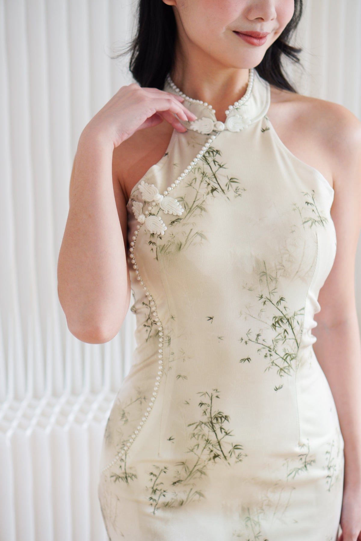 Ruo Fei Bamboo Printed Bodycon Cheongsam with Pearls in Cream & Green