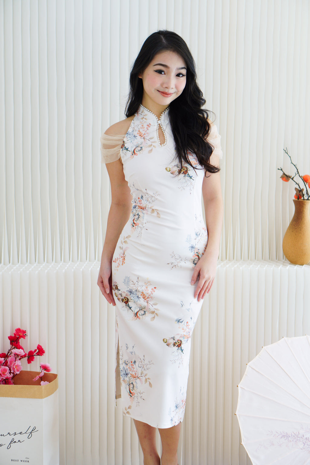 Yu An Halter Neck Floral Bodycon Cheongsam in White with Mesh Sleeves