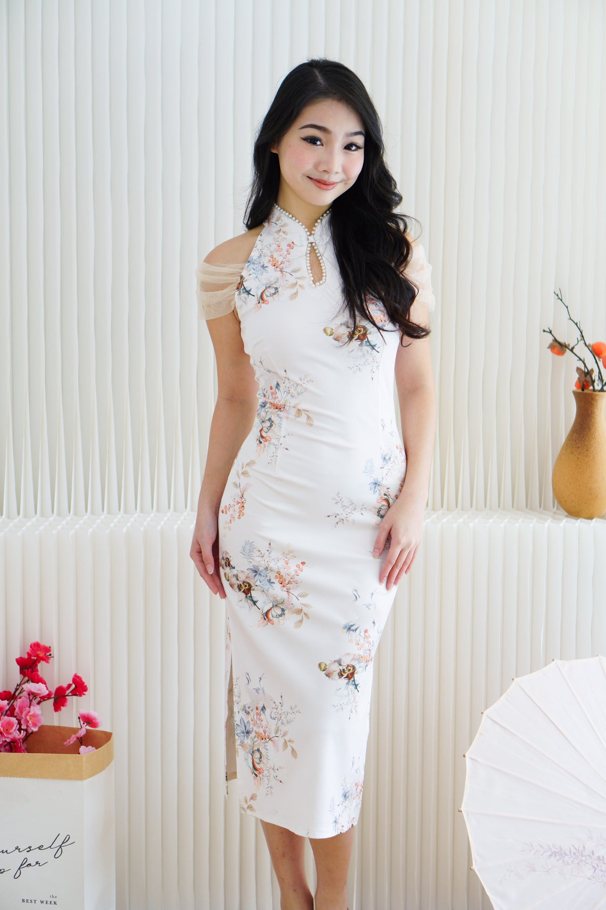 Yu An Halter Neck Floral Bodycon Cheongsam in White with Mesh Sleeves