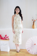 Ruo Fei Bamboo Printed Bodycon Cheongsam with Pearls in Cream & Green