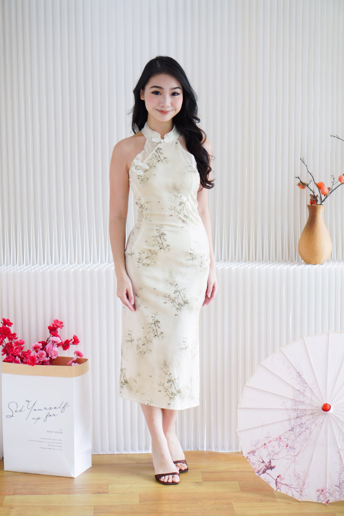 Ruo Fei Bamboo Printed Bodycon Cheongsam with Pearls in Cream & Green