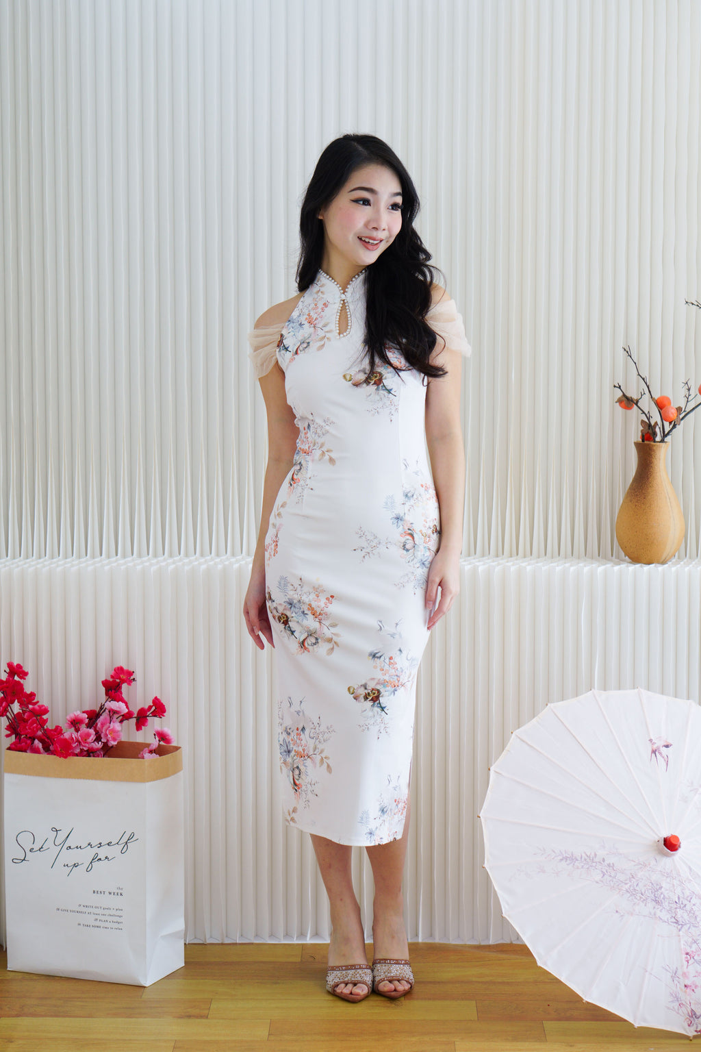 Yu An Halter Neck Floral Bodycon Cheongsam in White with Mesh Sleeves