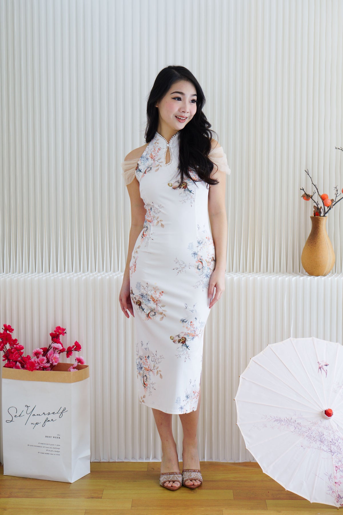 Yu An Halter Neck Floral Bodycon Cheongsam in White with Mesh Sleeves