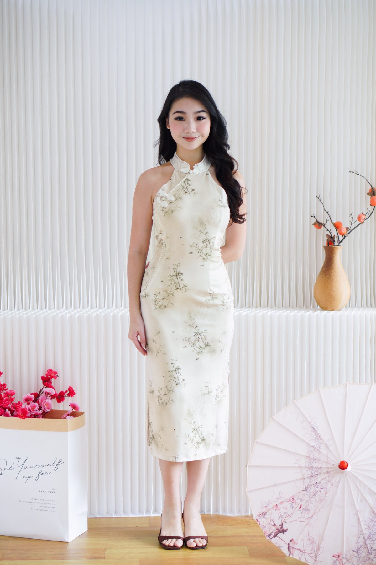 Ruo Fei Bamboo Printed Bodycon Cheongsam with Pearls in Cream & Green