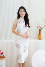 Yu An Halter Neck Floral Bodycon Cheongsam in White with Mesh Sleeves