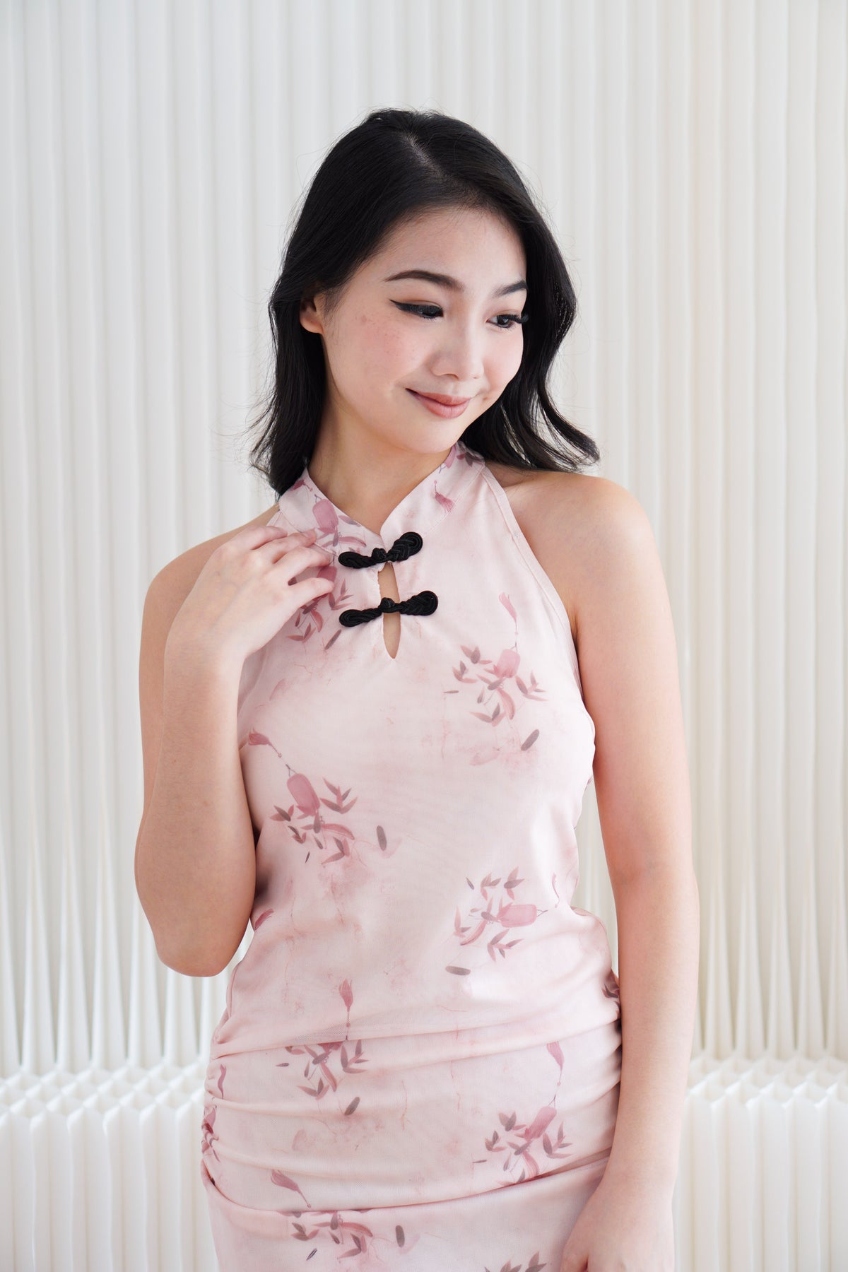 Ru Tong Floral Mesh Mini Cheongsam in Light Pink