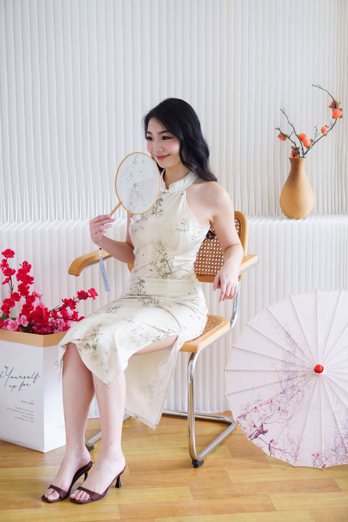 Ruo Fei Bamboo Printed Bodycon Cheongsam with Pearls in Cream & Green