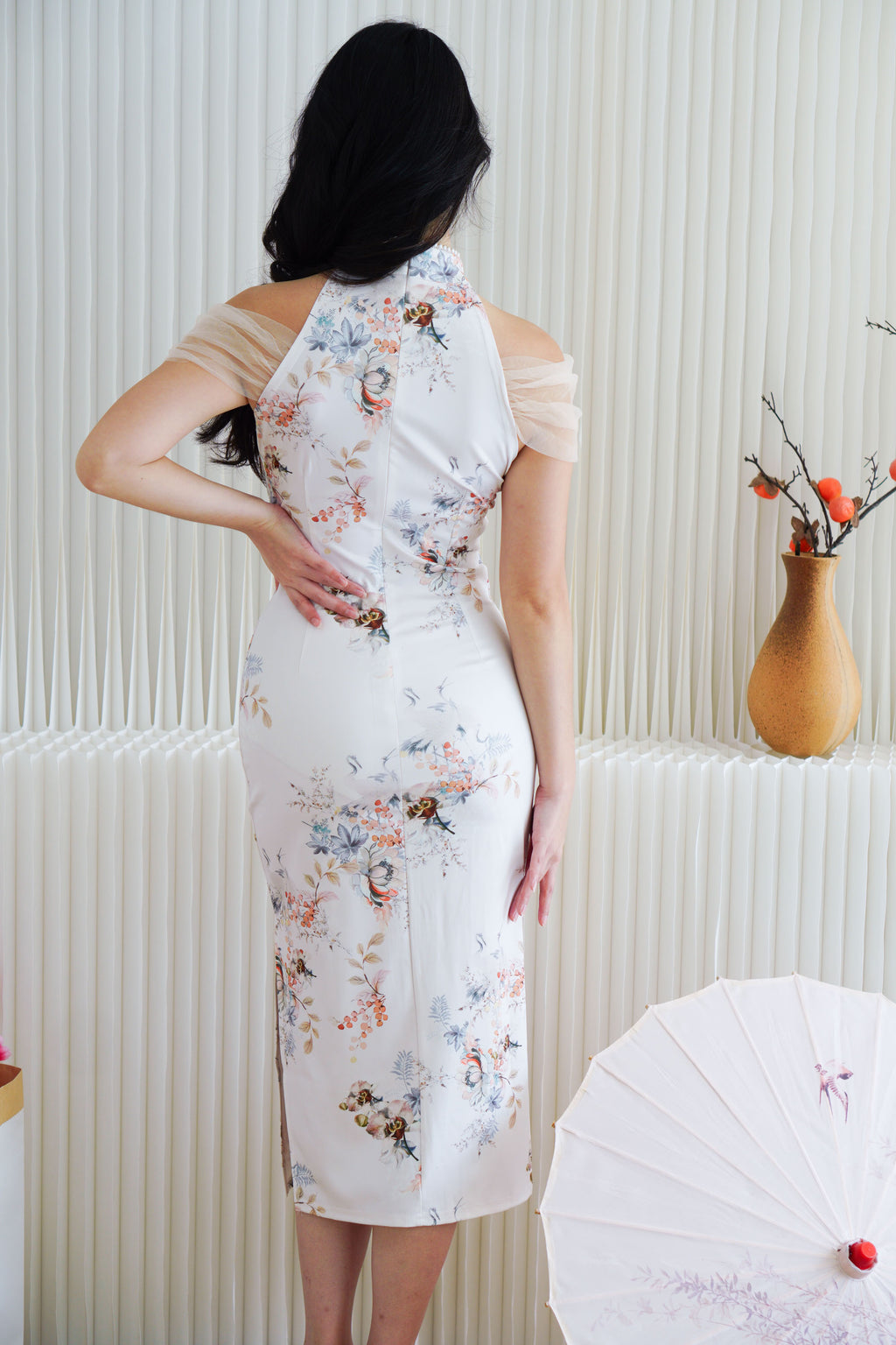 Yu An Halter Neck Floral Bodycon Cheongsam in White with Mesh Sleeves
