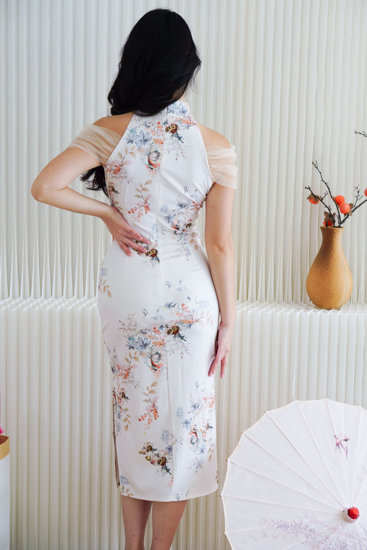 Yu An Halter Neck Floral Bodycon Cheongsam in White with Mesh Sleeves