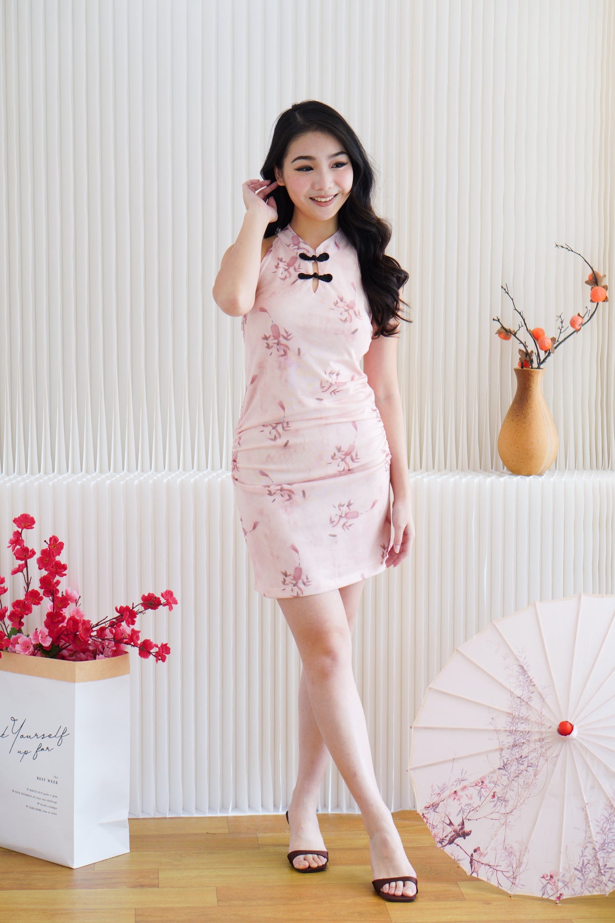 Ru Tong Floral Mesh Mini Cheongsam in Light Pink