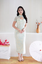 Yun Ya Velvet Embossed Padded Mesh Cheongsam in Cream and Light Green