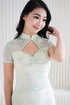 Yun Ya Velvet Embossed Padded Mesh Cheongsam in Cream and Light Green