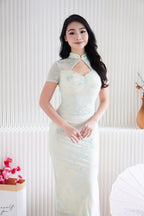 Yun Ya Velvet Embossed Padded Mesh Cheongsam in Cream and Light Green