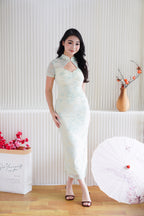 Yun Ya Velvet Embossed Padded Mesh Cheongsam in Cream and Light Green