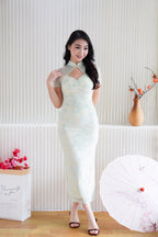Yun Ya Velvet Embossed Padded Mesh Cheongsam in Cream and Light Green