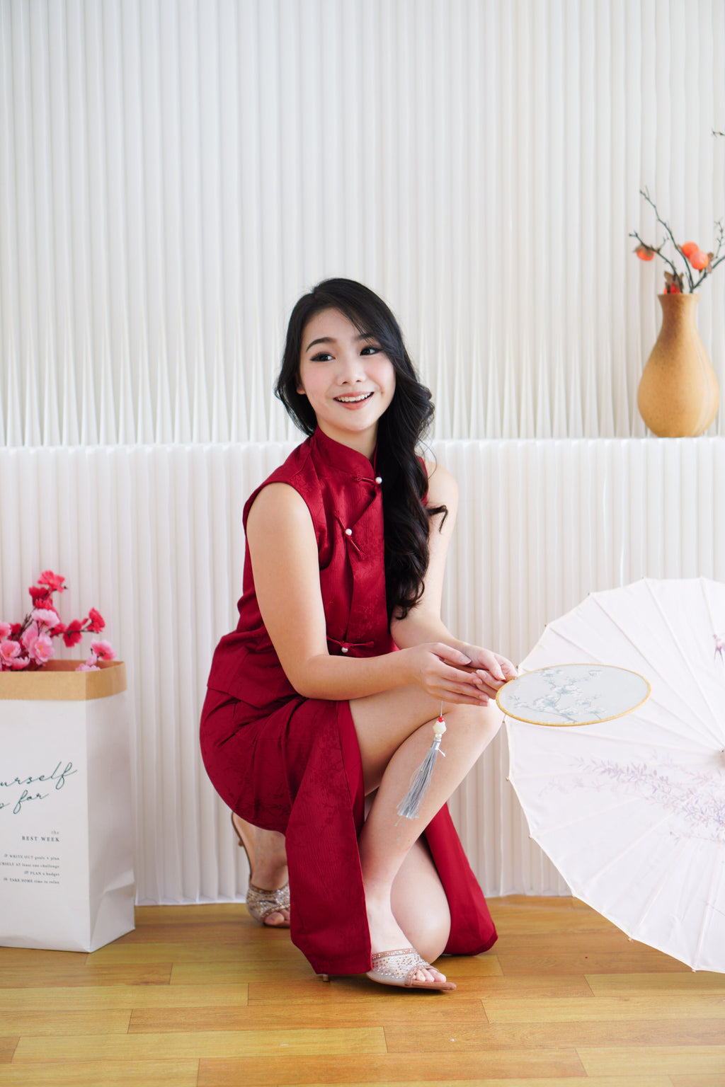 Mu Ning 2 Piece Cheongsam Skirt Set in Red