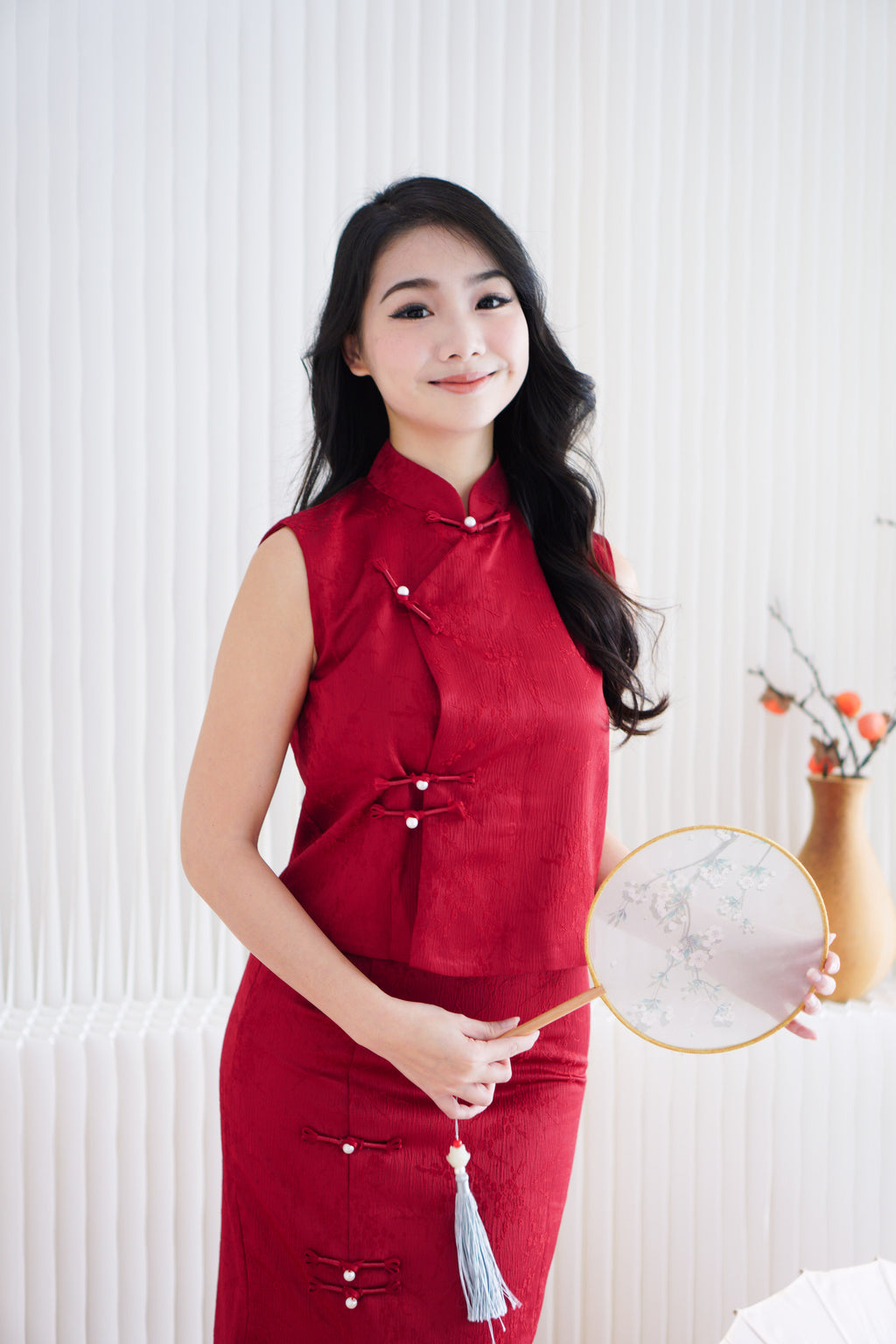 Mu Ning 2 Piece Cheongsam Skirt Set in Red